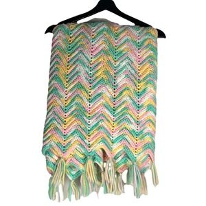 Handmade Crochet Chevron Throw Blanket Pastel Pink‎ Yellow Green Zig Zag Tassels
